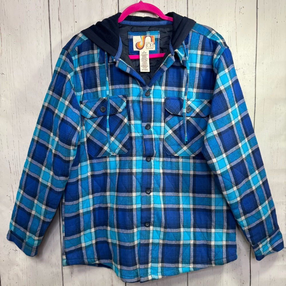 Vintage Op Ocean Pacific Blue Plaid Hooded Flannel Jacket Shirt Y2K Skater Surf